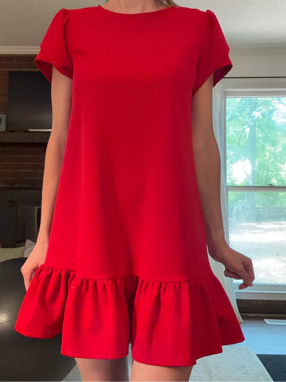 Red Ruffle-Hem Short Sleeve Dress - Women